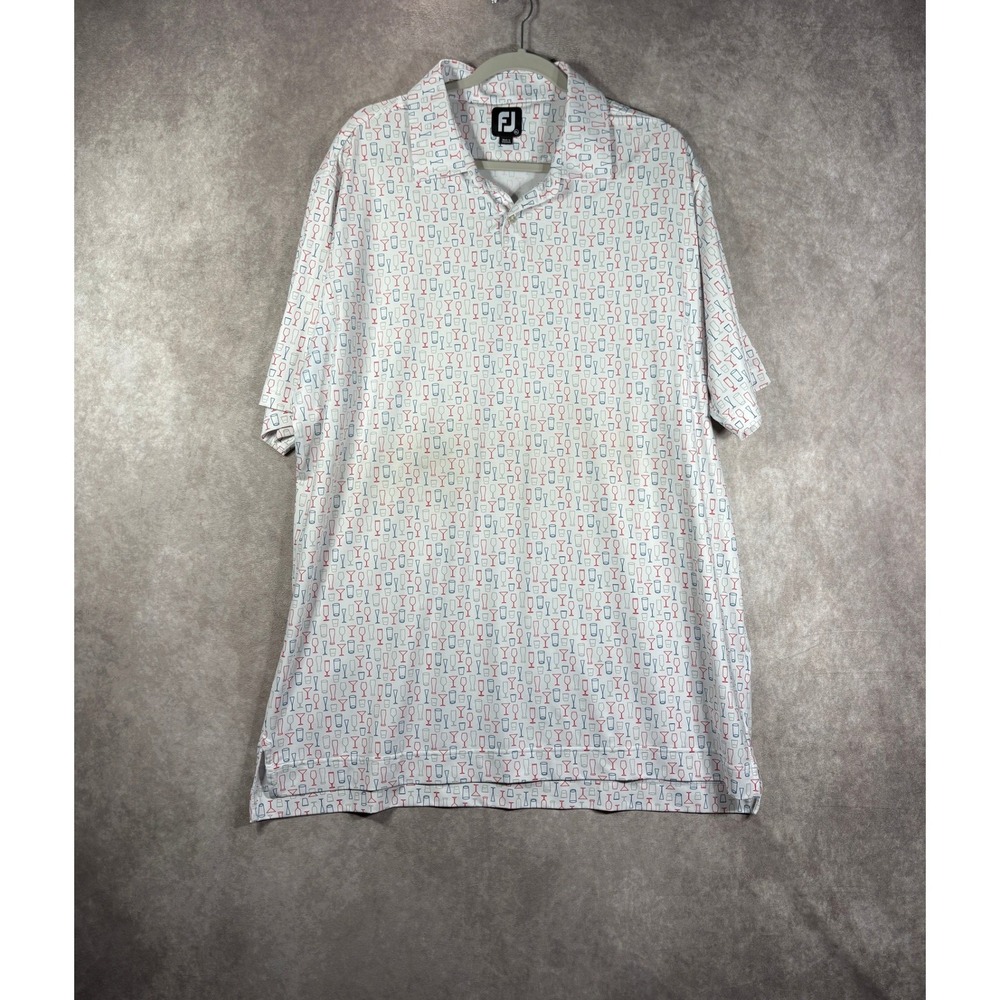 FootJoy Polo Shirt Mens XL White Cocktail Glass Print Performance Stretch S/S